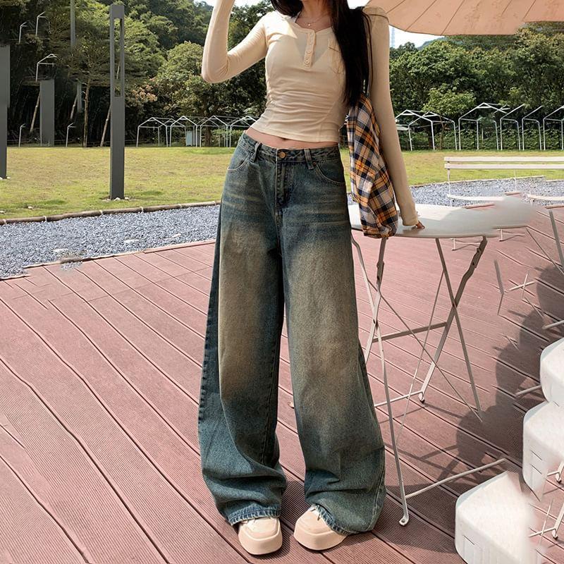 Low Rise Washed Wide Leg Jeans (Various Designs) Product Image