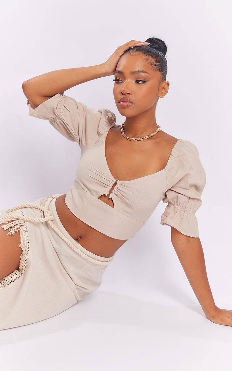 Stone Linen Look Bar Detail Puff Sleeve Crop Top Product Image