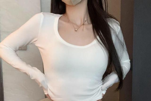 Long-Sleeve Scoop Neck Plain Cropped T-Shirt Product Image