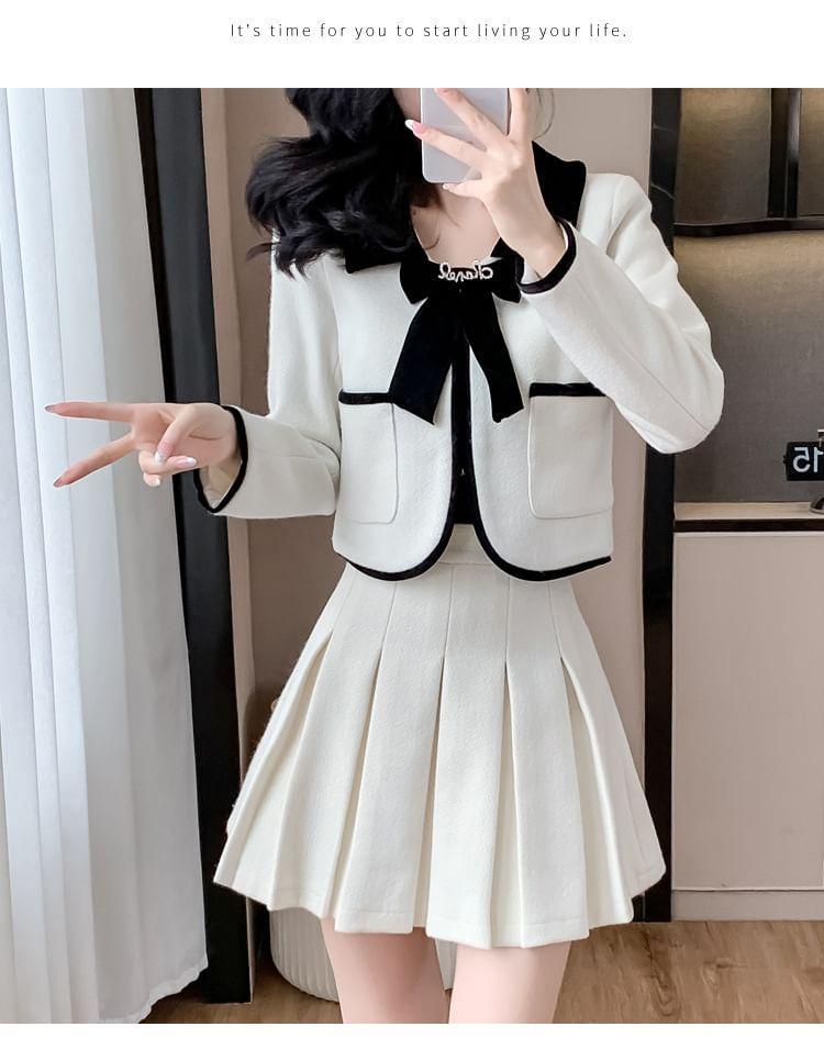 Set: Contrast Trim Bow Jacket + High Rise Plain Pleated Mini A-Line Skirt Product Image