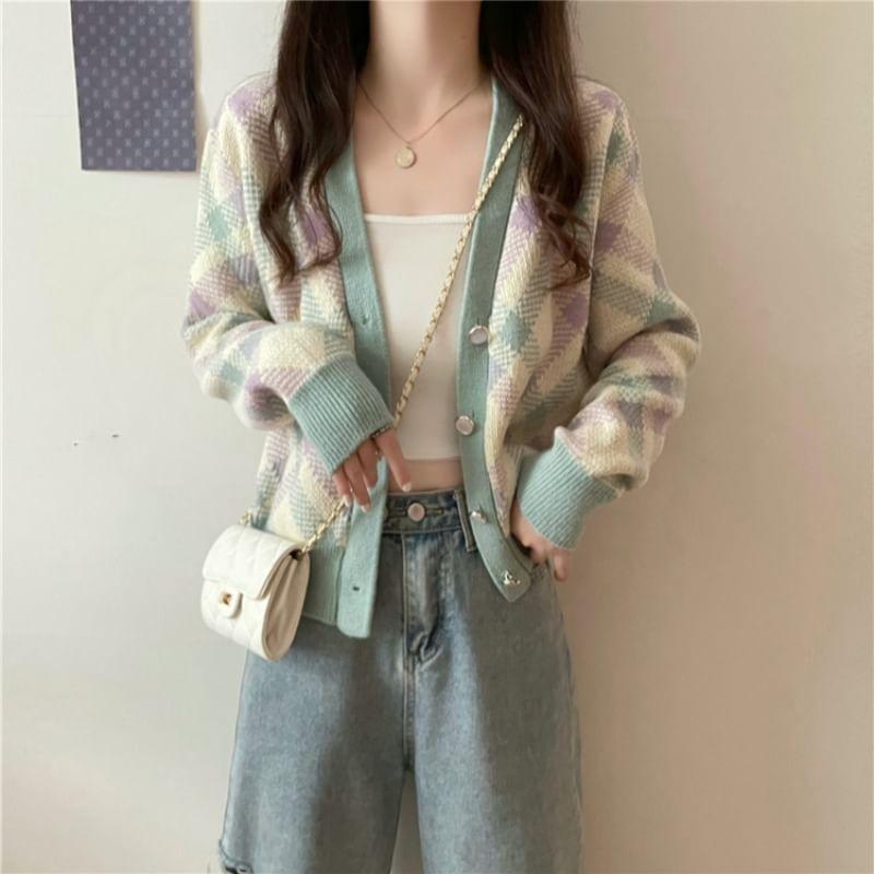 V-Neck Plaid Cardigan Product Image