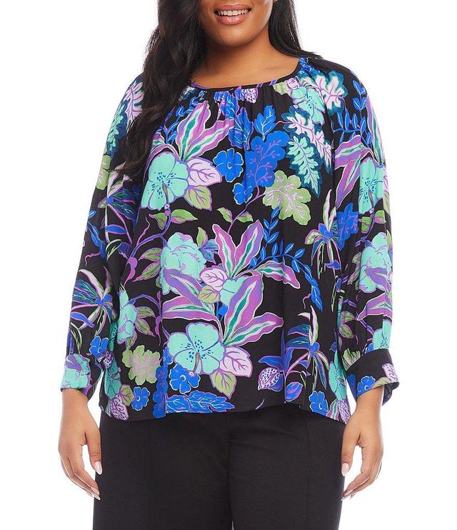 Karen Kane Plus Size Botanical Garden Print Crew Neck Long Sleeve Peasant Top Product Image