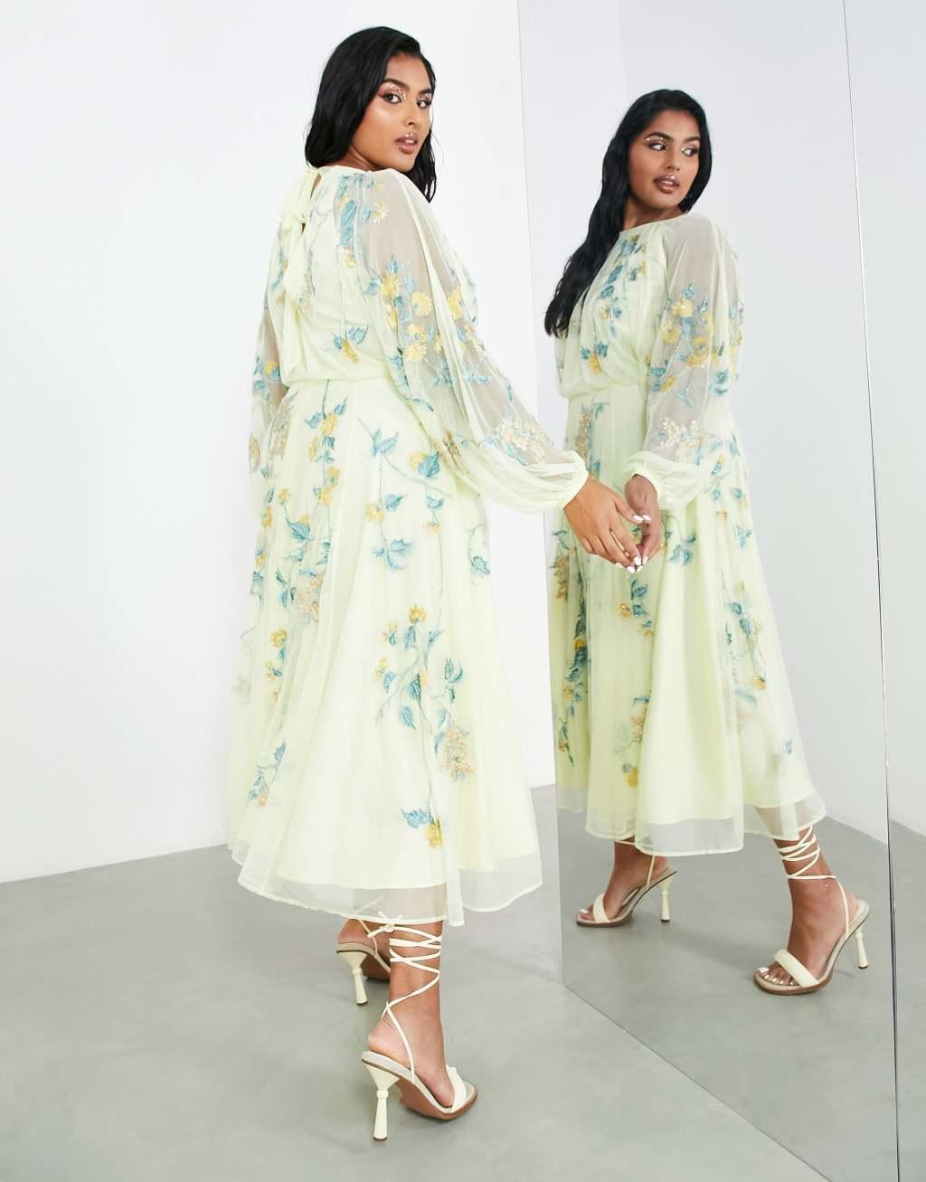 ASOS EDITION Curve floral embroidered mesh midi dress with blouson sleeve in lemon Product Image