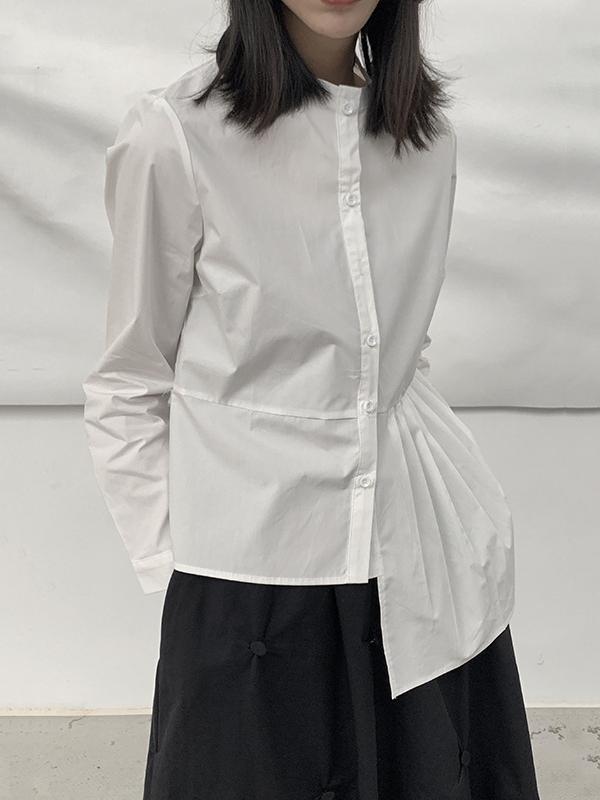 Long Sleeves Asymmetric Buttoned Pleated Solid Color Round-Neck Blouses&Shirts Tops Product Image