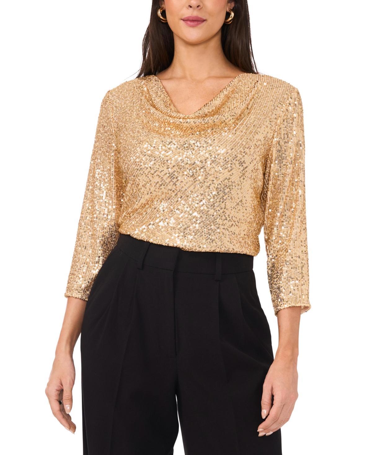 Vince Camuto Womens Sequined Cowlneck 3/4-Sleeve Top Product Image