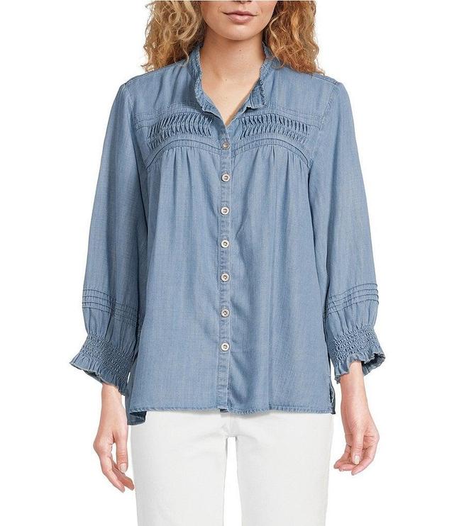 Tru Luxe Jeans Woven Banded Collar Neck 3/4 Sleeve Ruffle Smocked Button Front Top Product Image