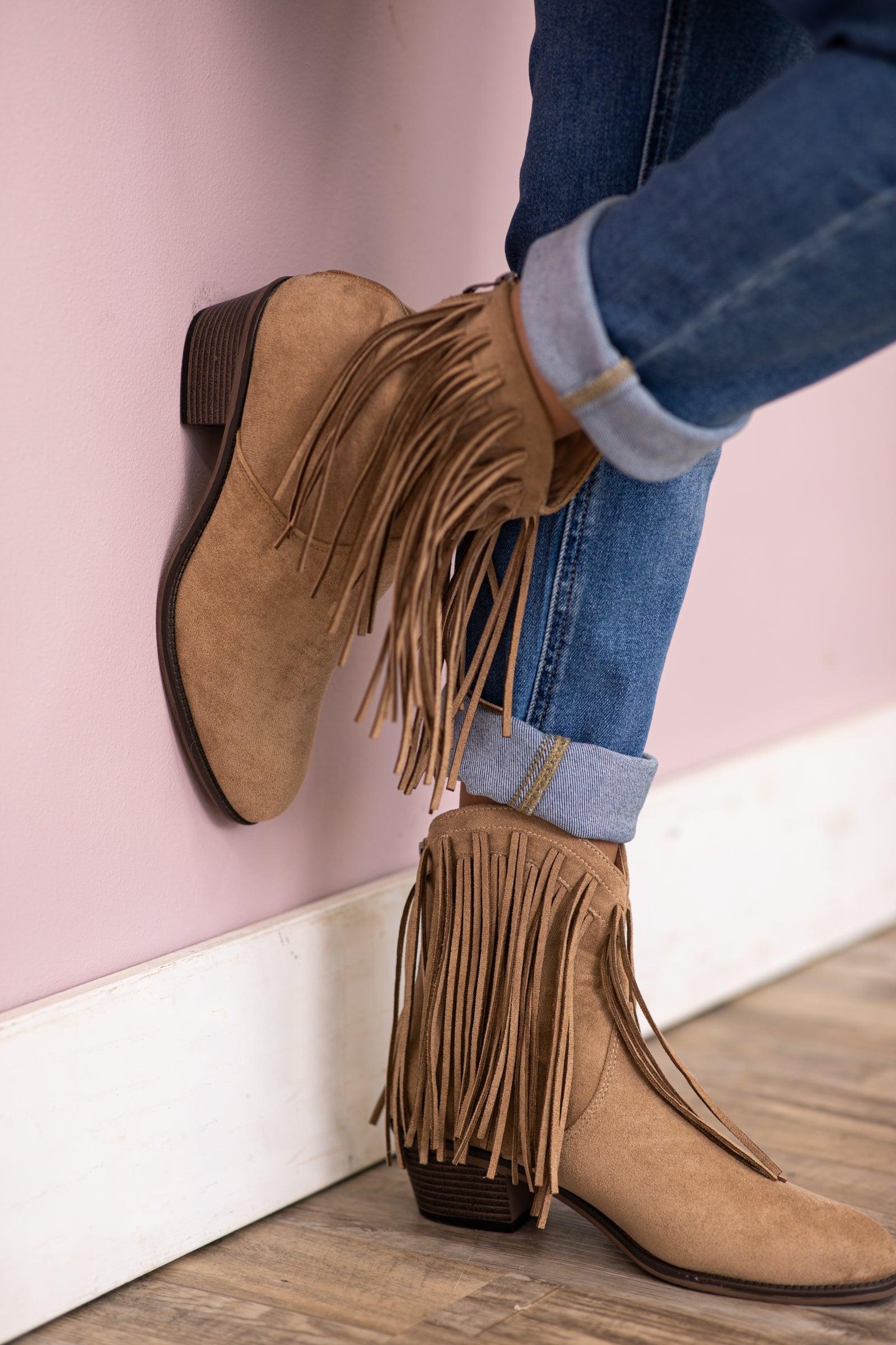 Tan Faux Suede Fringe Detail Booties Product Image