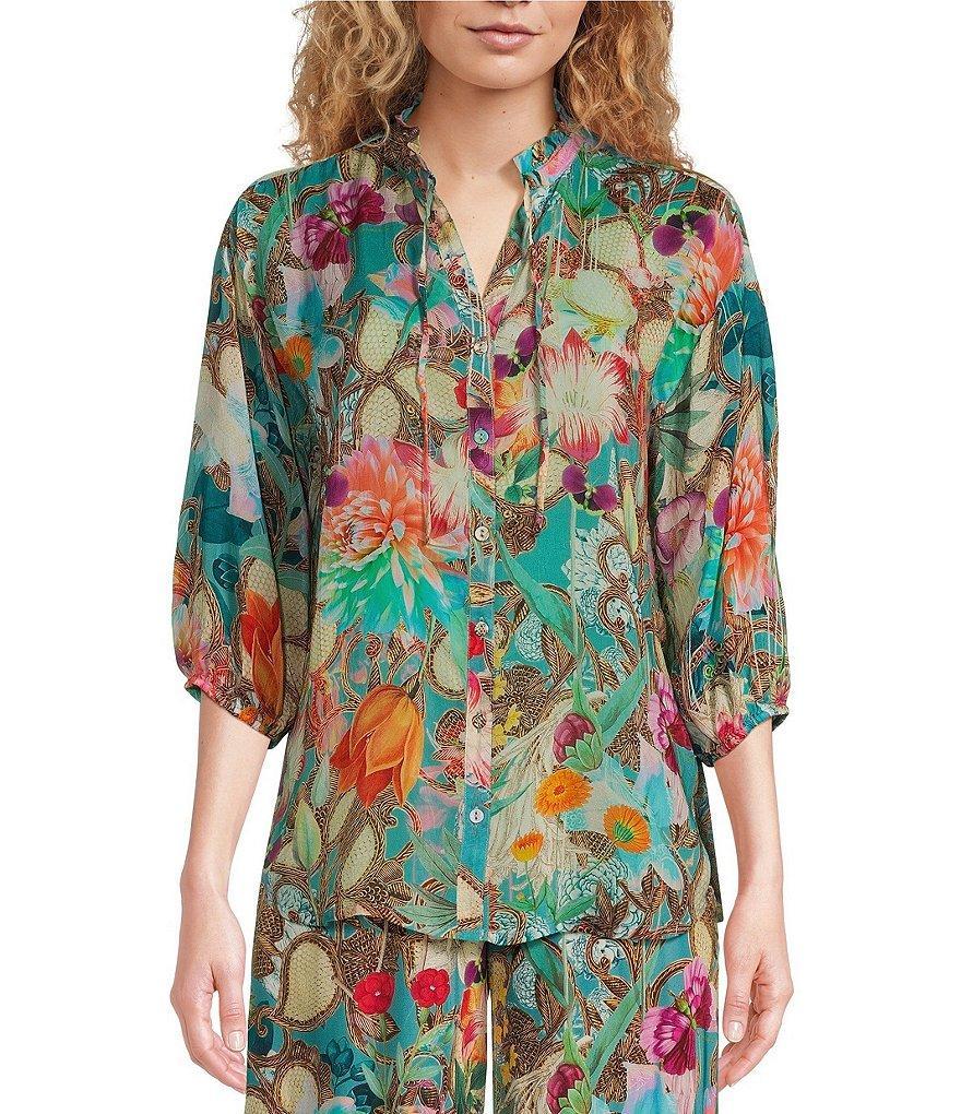 JOHNNY WAS Cathryn Nutro Meadow Floral Print V-Neck 3/4 Sleeve Coordinating Blouse Product Image