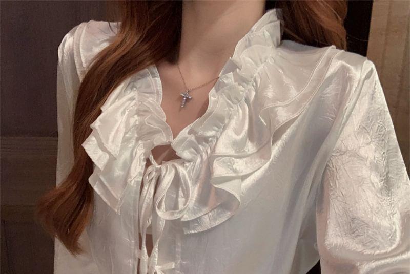 Puff-Sleeve Satin Ruffled Blouse Product Image