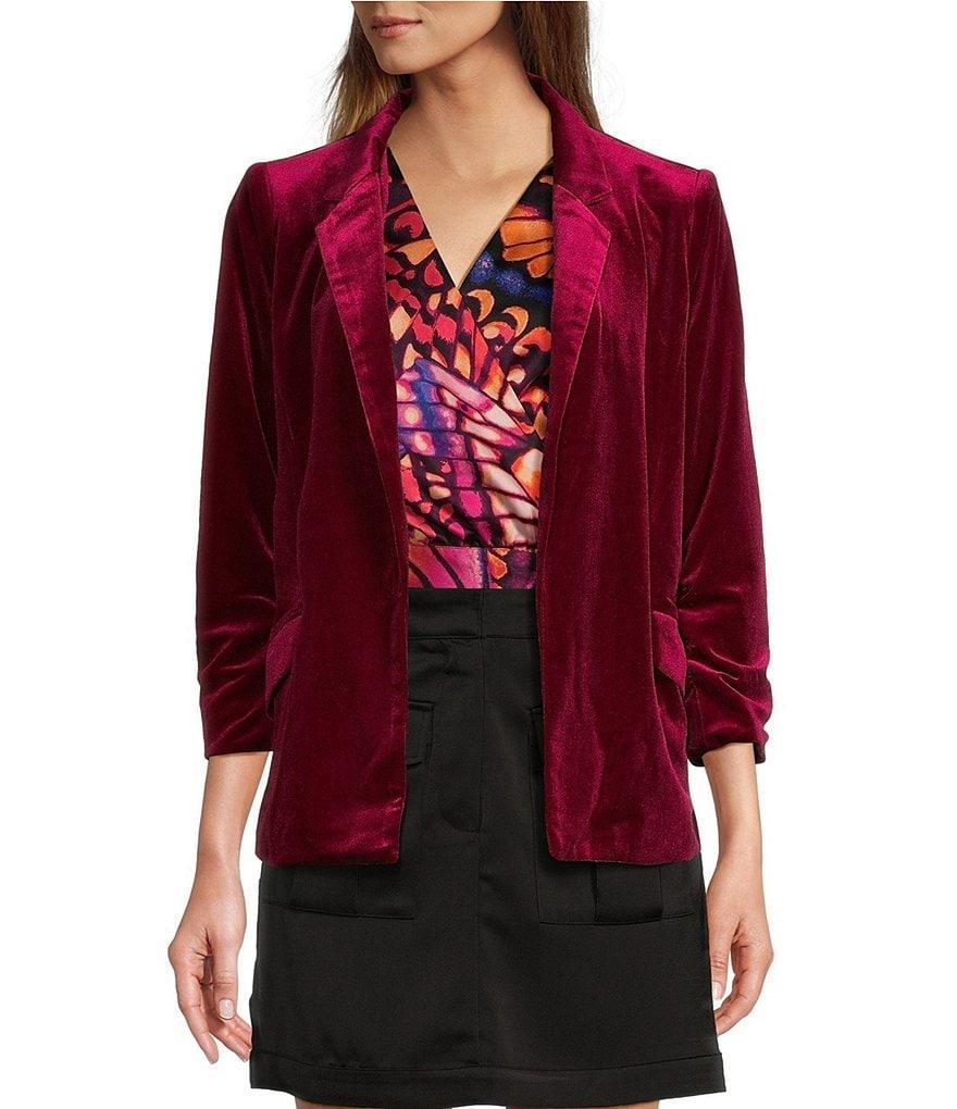 Skies Are Blue Velvet Notch Lapel Open Front 3/4 Ruched Sleeve Coordinating Blazer product image