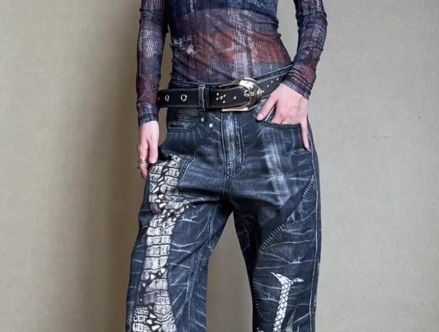 Low Waist Patterned Flared Jeans Product Image