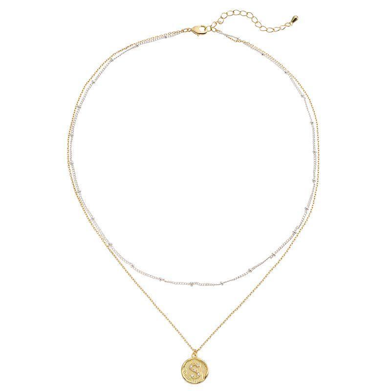 City Luxe Two Tone Layered Initial Disc Necklace with Cubic Zirconia, Womens Two Tone A Product Image