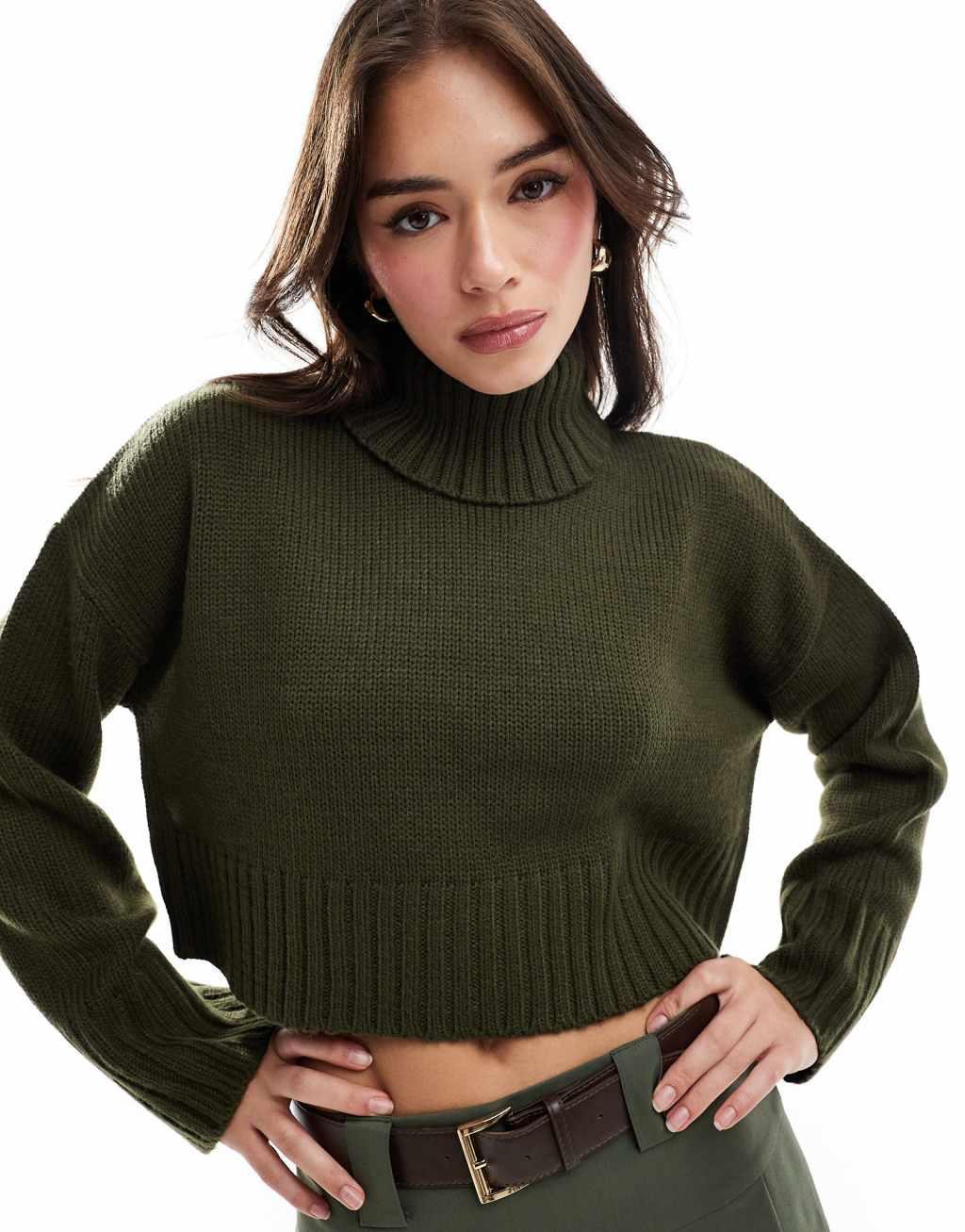 ASOS DESIGN cropped roll neck sweater in khaki product image