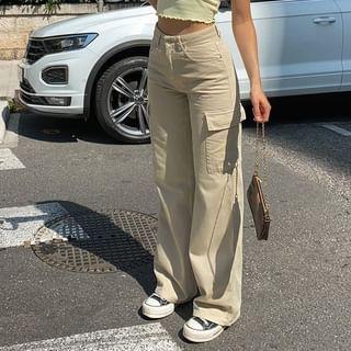 High Waist Pocket Straight-Fit Wide-Leg Cargo Pants Product Image