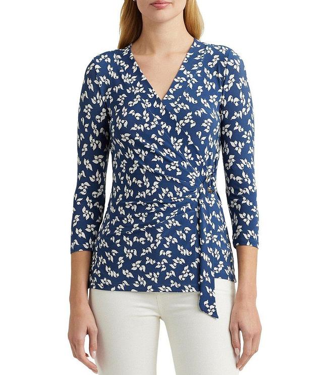 Lauren Ralph Lauren Floral Stretch Jersey Surplice V-Neck 3/4 Sleeve Faux Wrap Top Product Image