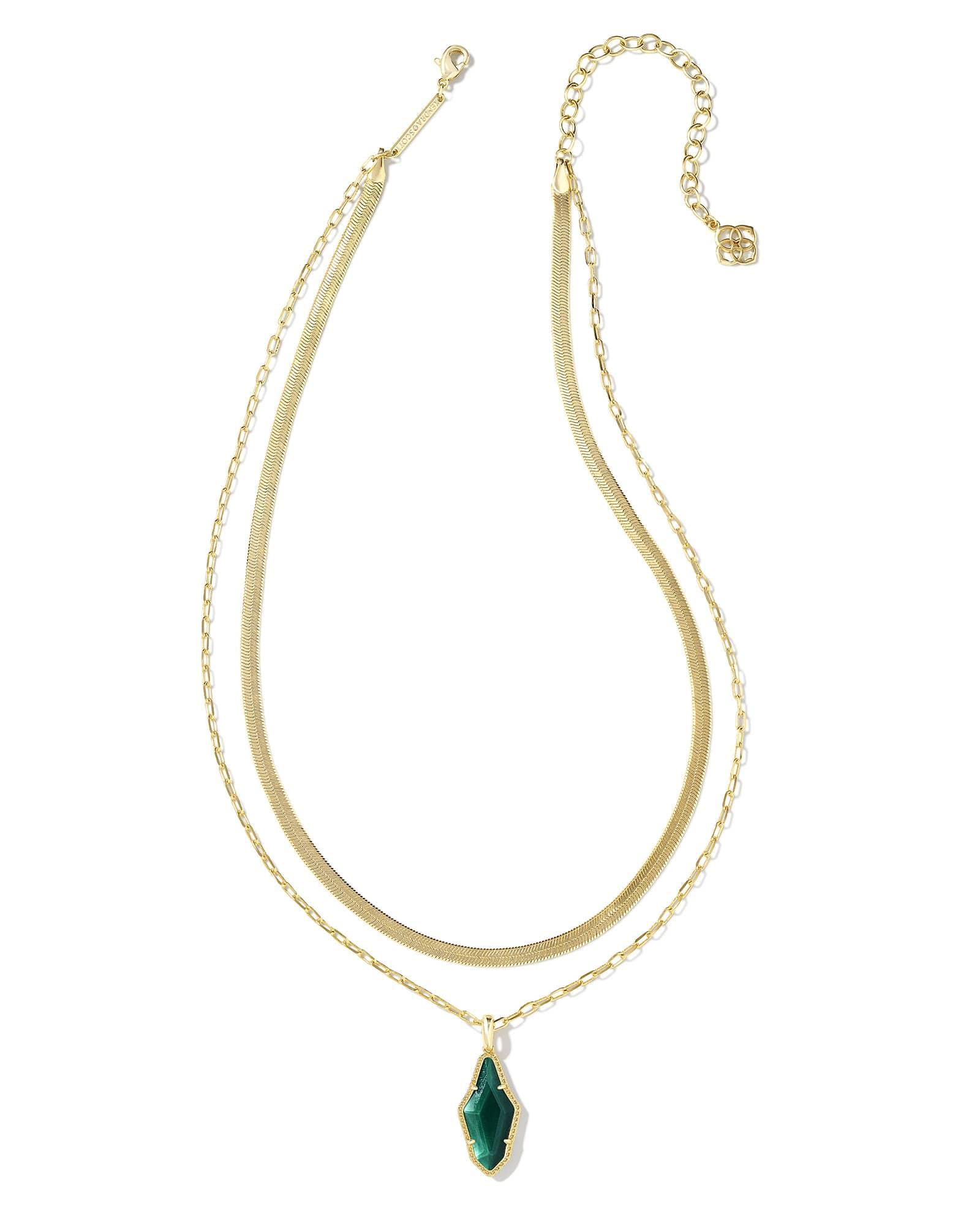 Evelyn Gold Multi Strand Necklace in Dark Green Mother-of-Pearl Product Image