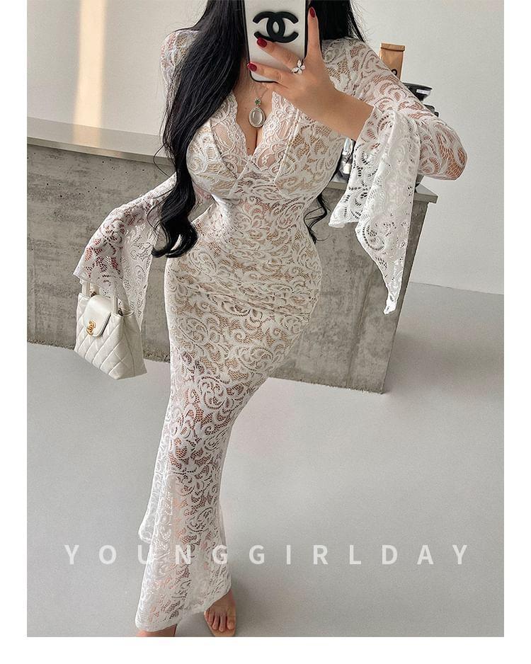 Bell Sleeve V-Neck Plain Lace Maxi Sheath Dress Product Image