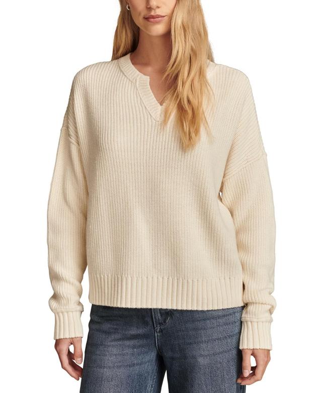 Lucky Brand Womens Striped Notched-Neck Sweater Product Image