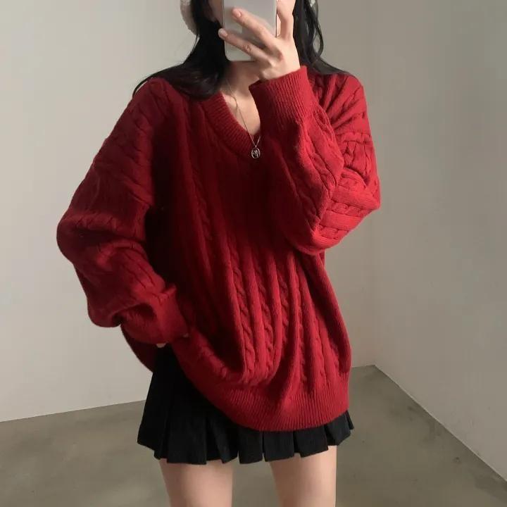 V-Neck Plain Cable-Knit Oversized Sweater Product Image