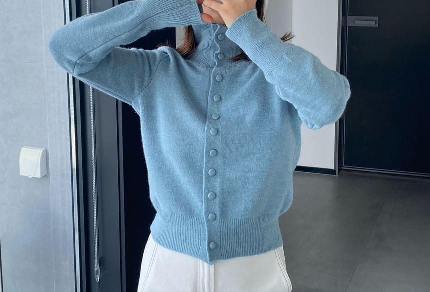 Turtleneck Plain Button Cardigan Product Image