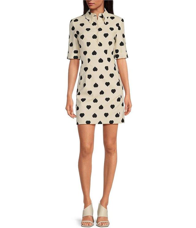 Tara Jarmon Paris Robin Heart Print Button Up Point Collar Cuffed Short Sleeve Patch Pocket Mini Shirt Dress Product Image