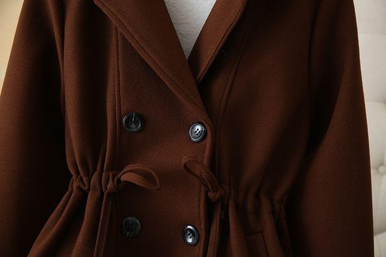 Plus Size Lapel Collar Plain Drawstring Waist Double-Breasted Coat Product Image