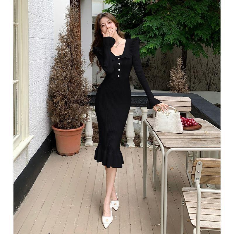 Long-Sleeve Collar Plain Ruffle Trim Ribbed Midi Sheath Knit Dress Product Image