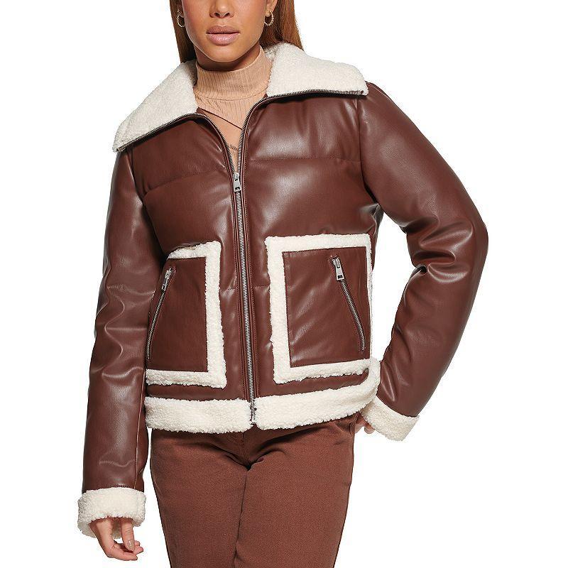 Womens Levis Sherpa Trim Retro Moto Puffer Jacket Brown Brown Product Image