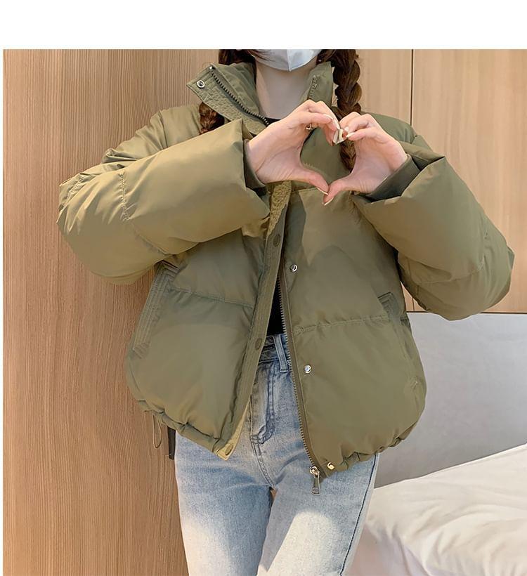 Faux Leather High Neck Zip-Up Puffer Jacket Product Image