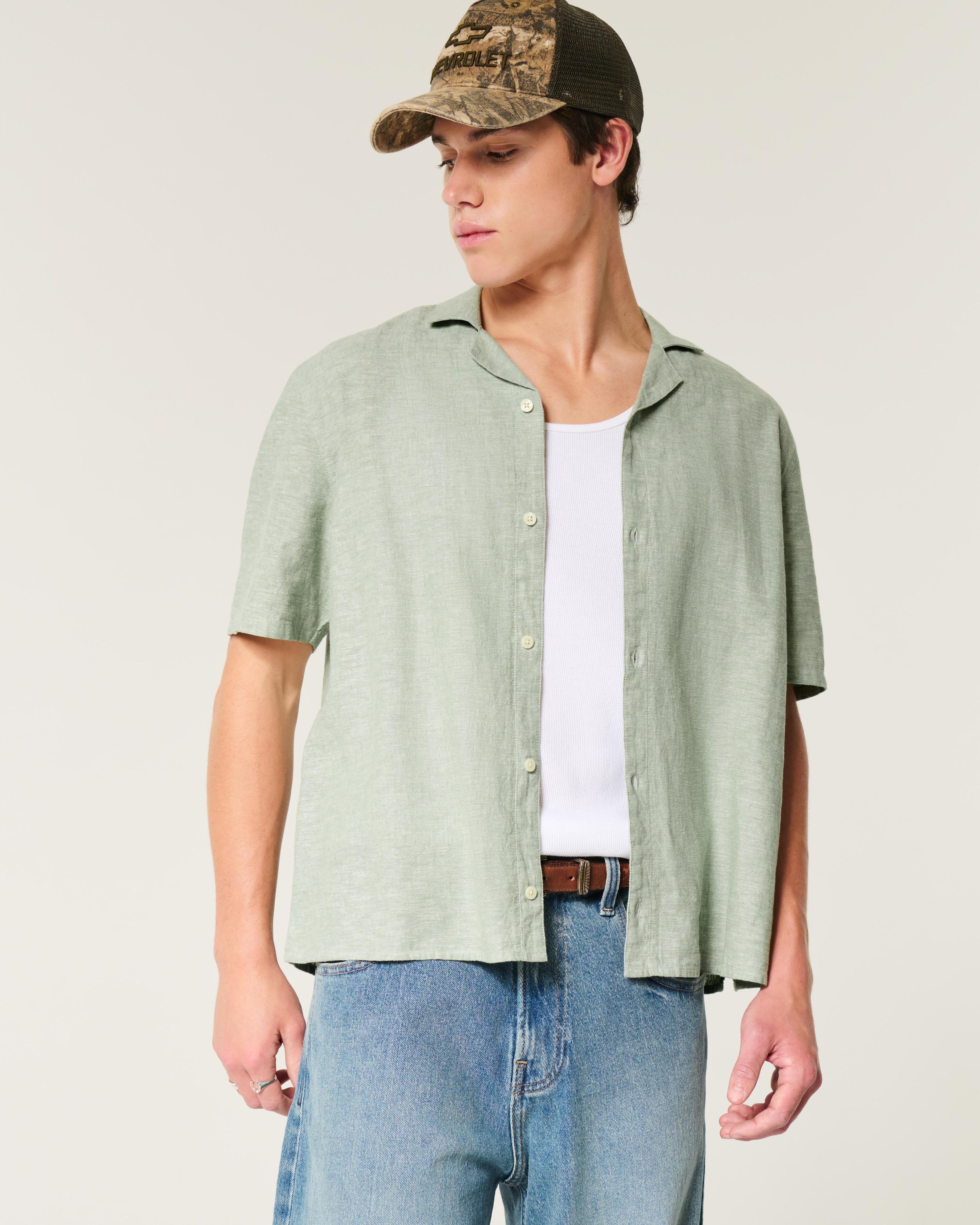 Boxy Short-Sleeve Linen-Blend Shirt Product Image