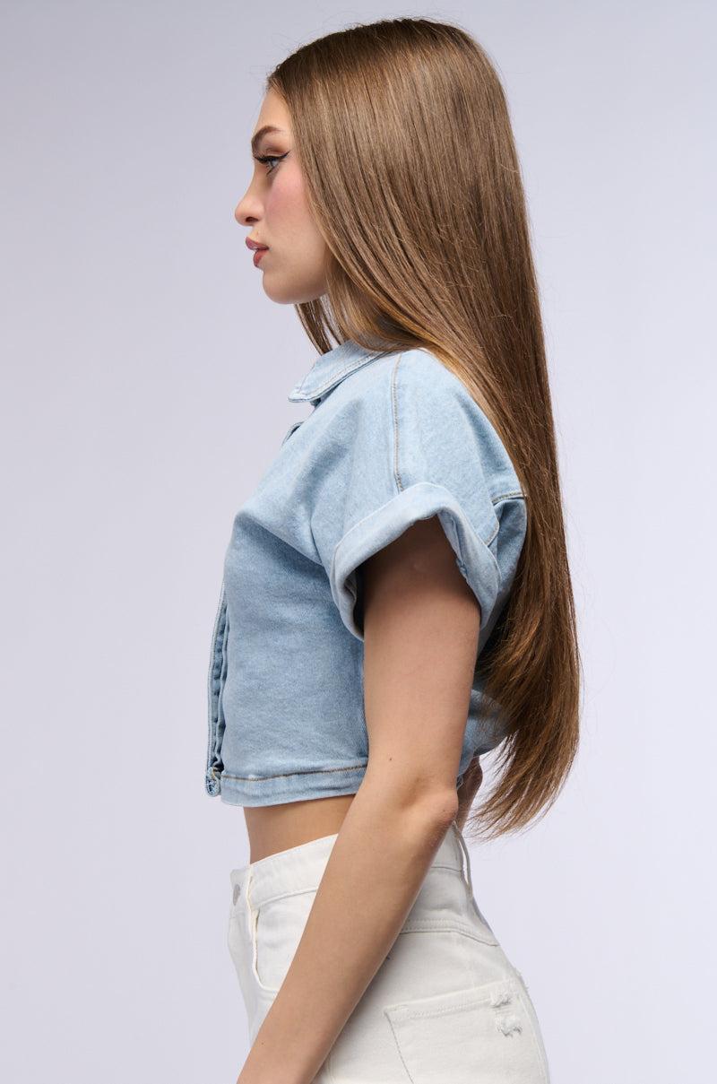 NOT IN THE MOOD CROPPED DENIM SHIRT Product Image