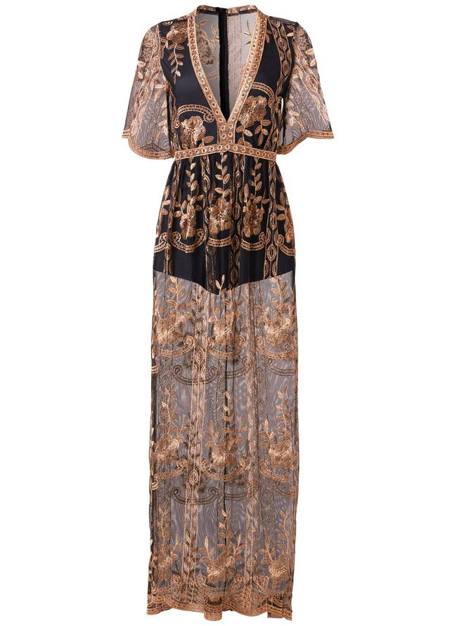 Metallic Embroidered Romper - Black & Gold Product Image