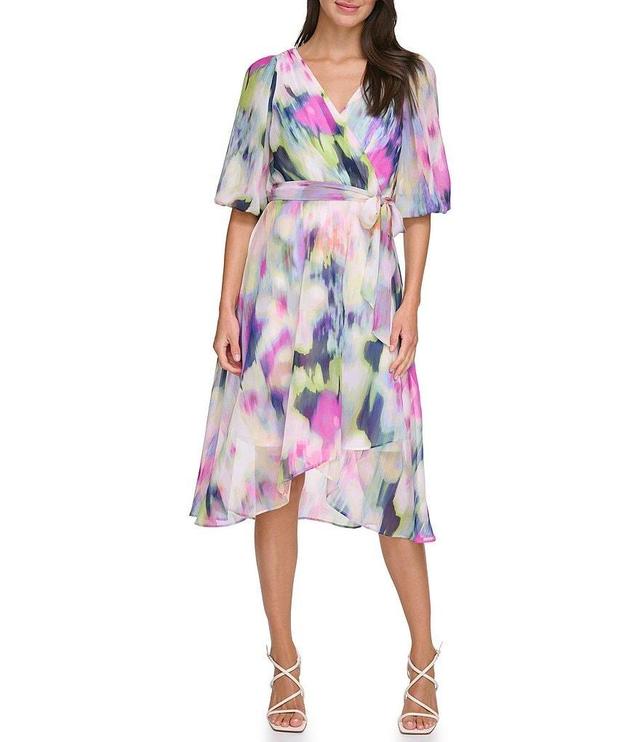 DKNY by Donna Karan Printed Chiffon Surplice V-Neck 3/4 Sleeve Faux Wrap Dress Product Image