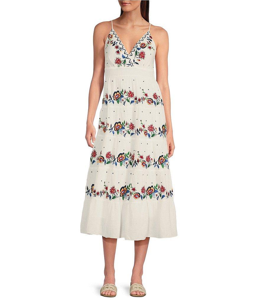 Reba V-Neck Sleeveless Floral Embroidered Tiered A-Line Dress Product Image