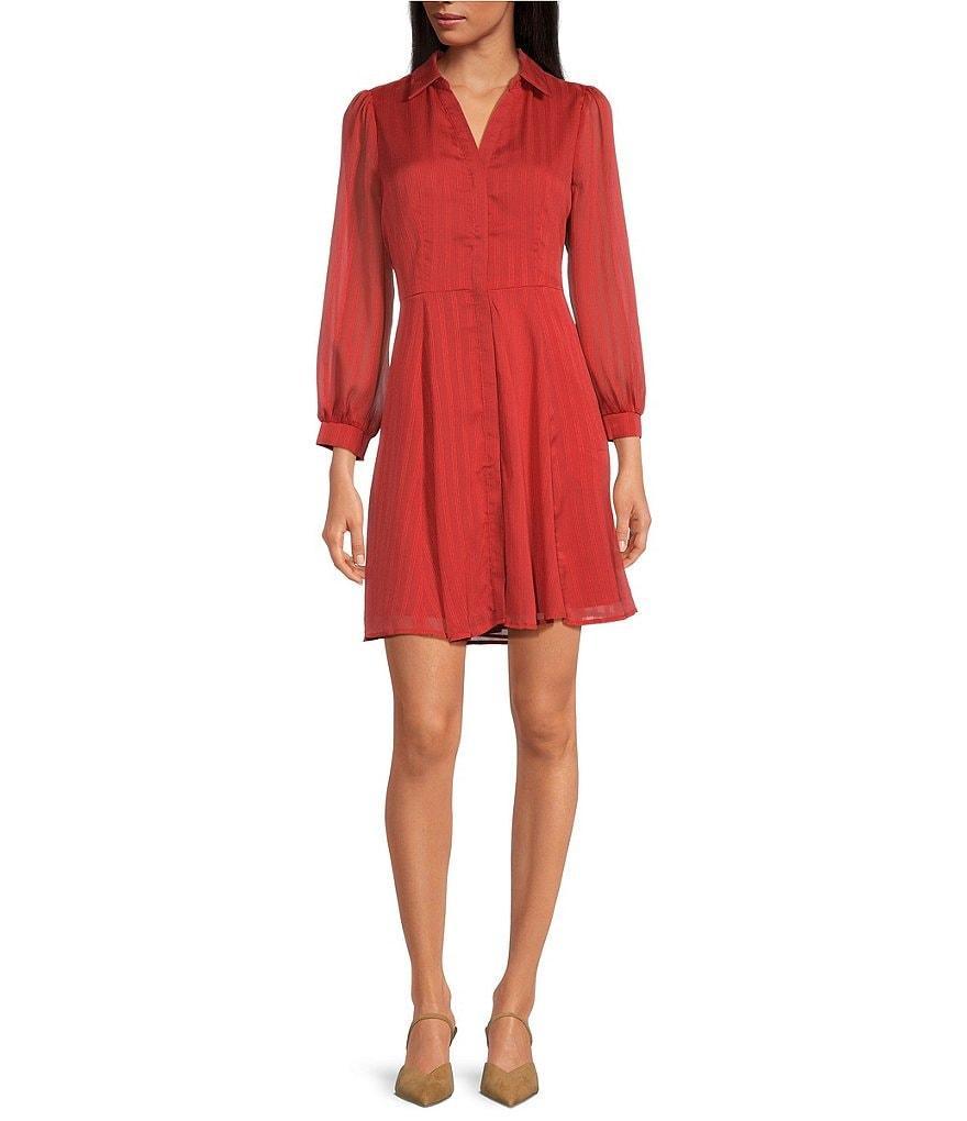 Skies Are Blue Textured Woven V Neck Long Sleeve Button Front Mini Dress Product Image