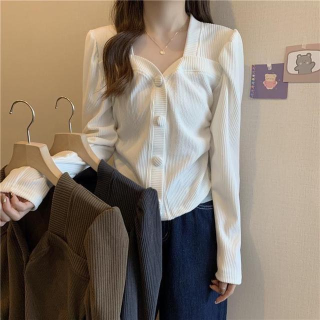 Long-Sleeve Plain Button-Up Ribbed Knit Top Product Image