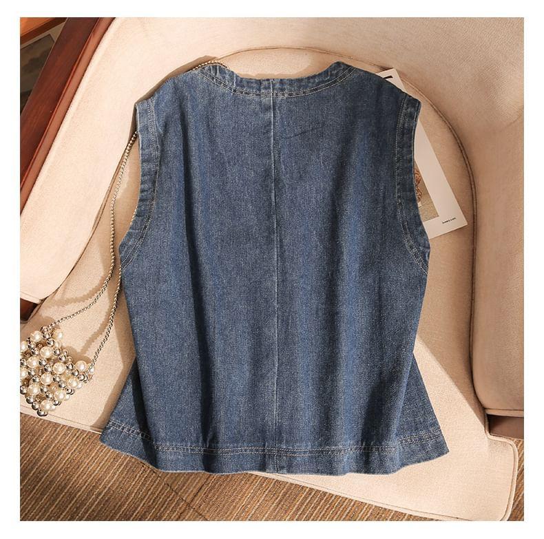 V-Neck Washed Denim Button Down Vest Product Image