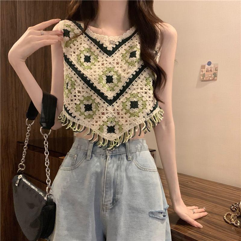 Patterned Asymmetrical Crochet Knit Crop Tank Top Product Image