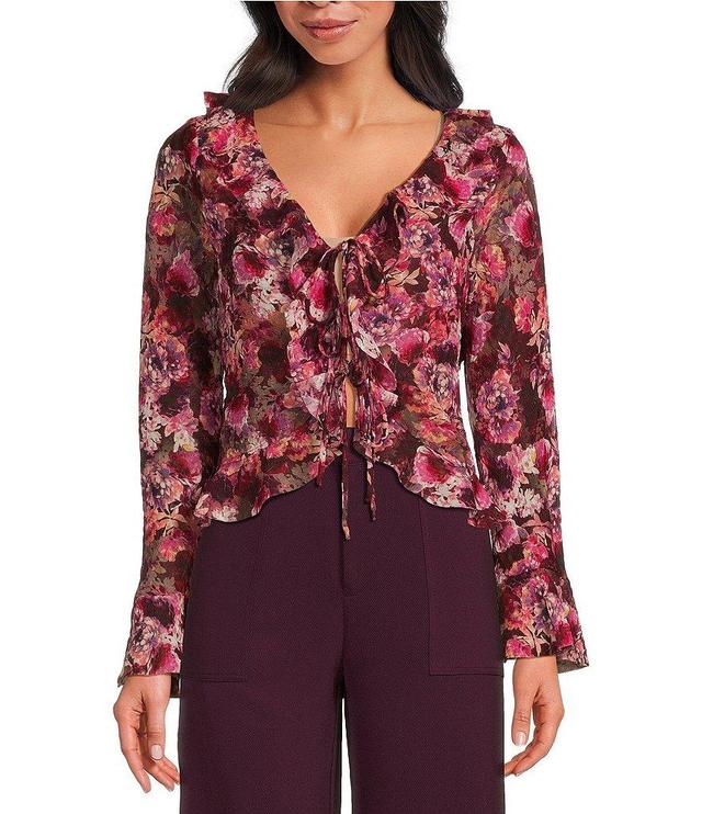 Lucy Paris Chiffon Floral Print V-Neck Long Sleeve Ruffe Front Tie Top Product Image