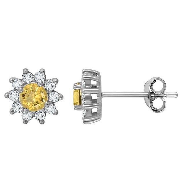 Aleure Precioso Sterling Silver Round with White Topaz Halo Stud Earrings, Womens, Silver Tone Yellow Product Image