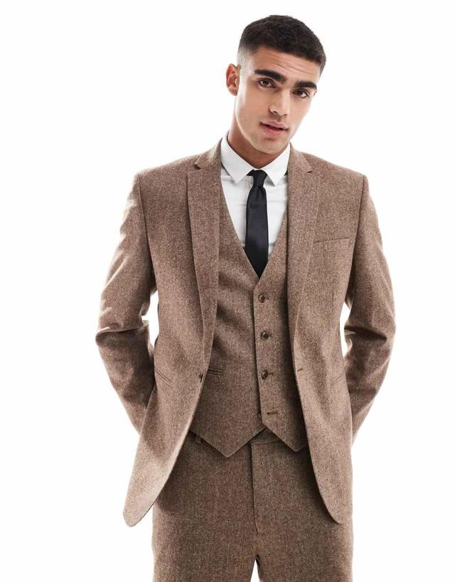 ASOS DESIGN slim wool blend suit jacket in brown Product Image