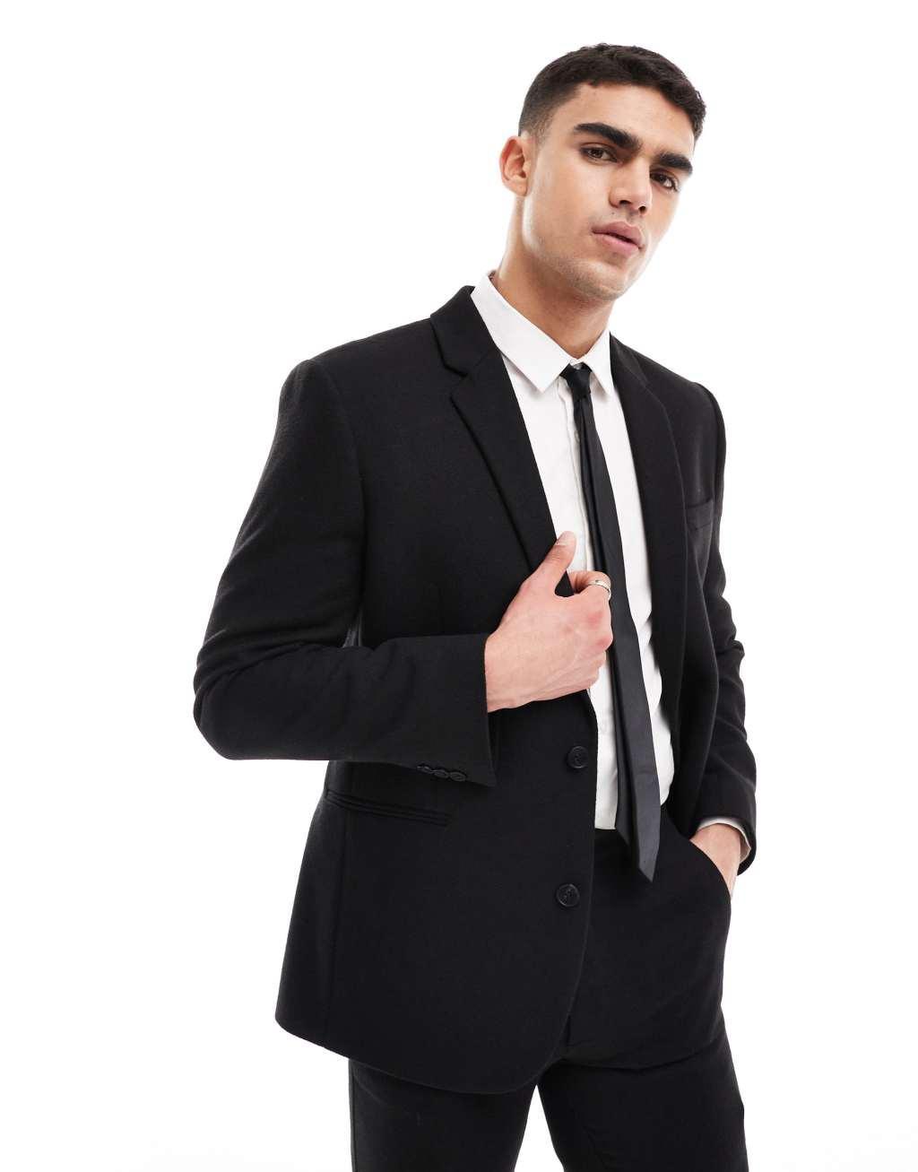 ASOS DESIGN slim fit wool mix suit jacket in black twill Product Image