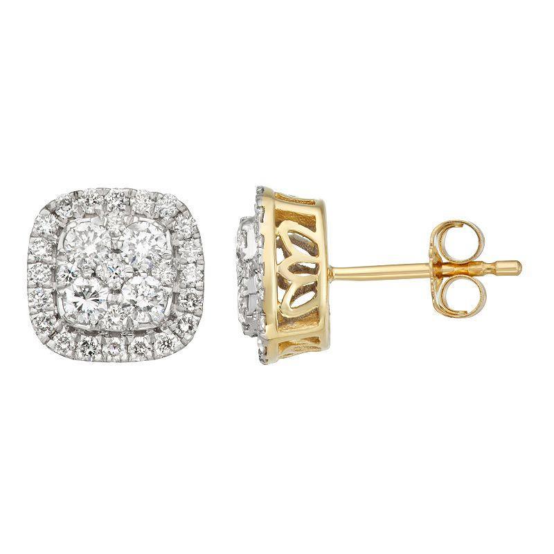 14k Gold 1 Carat T.W. Diamond Cushion Halo Stud Earrings, Womens Product Image