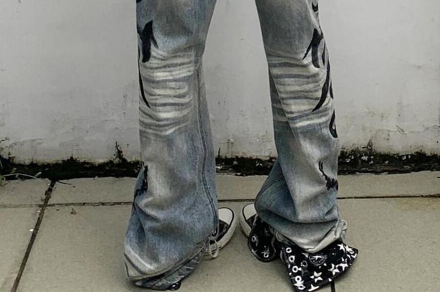 Mid Waist Print Washed Bootcut Jeans Product Image