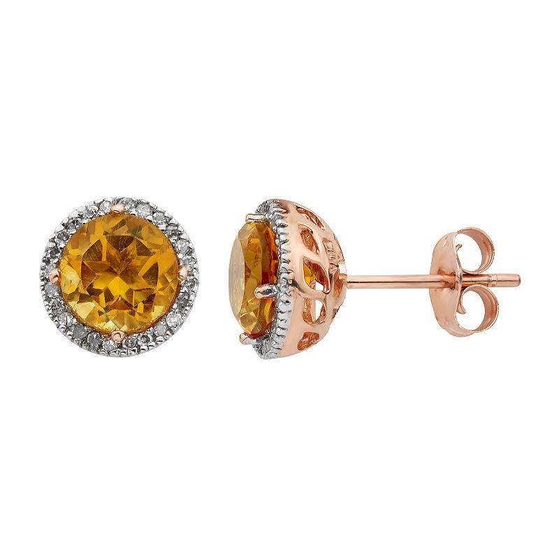 Citrine 10K Gold and 1/8 Carat T.W. Diamond Round-Cut Halo Stud Earrings, Womens, White Product Image