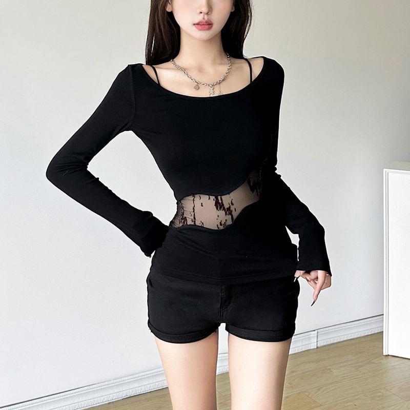 Long-Sleeve Cold-Shoulder Plain Lace Panel Tee Product Image