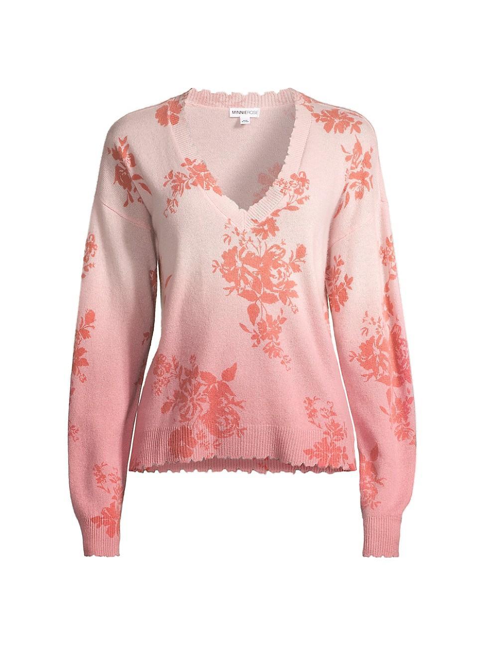 Womens Cashmere Ombr Floral V-Neck Sweater product image