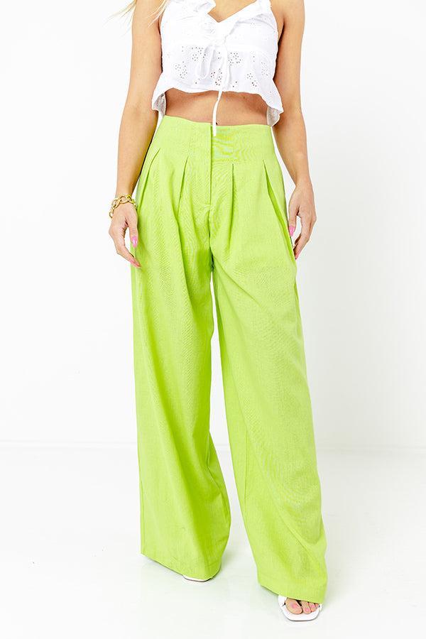 The Evelyn High Waist Linen-Blend Pants In Lime Punch Product Image