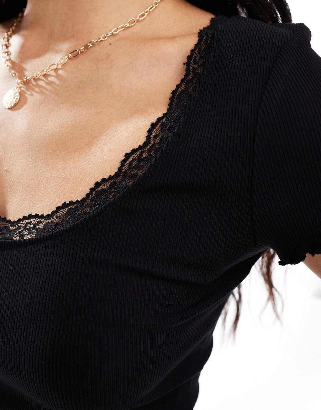 Miss Selfridge short sleeve pointelle scoop tee with lace trim detail in black Product Image