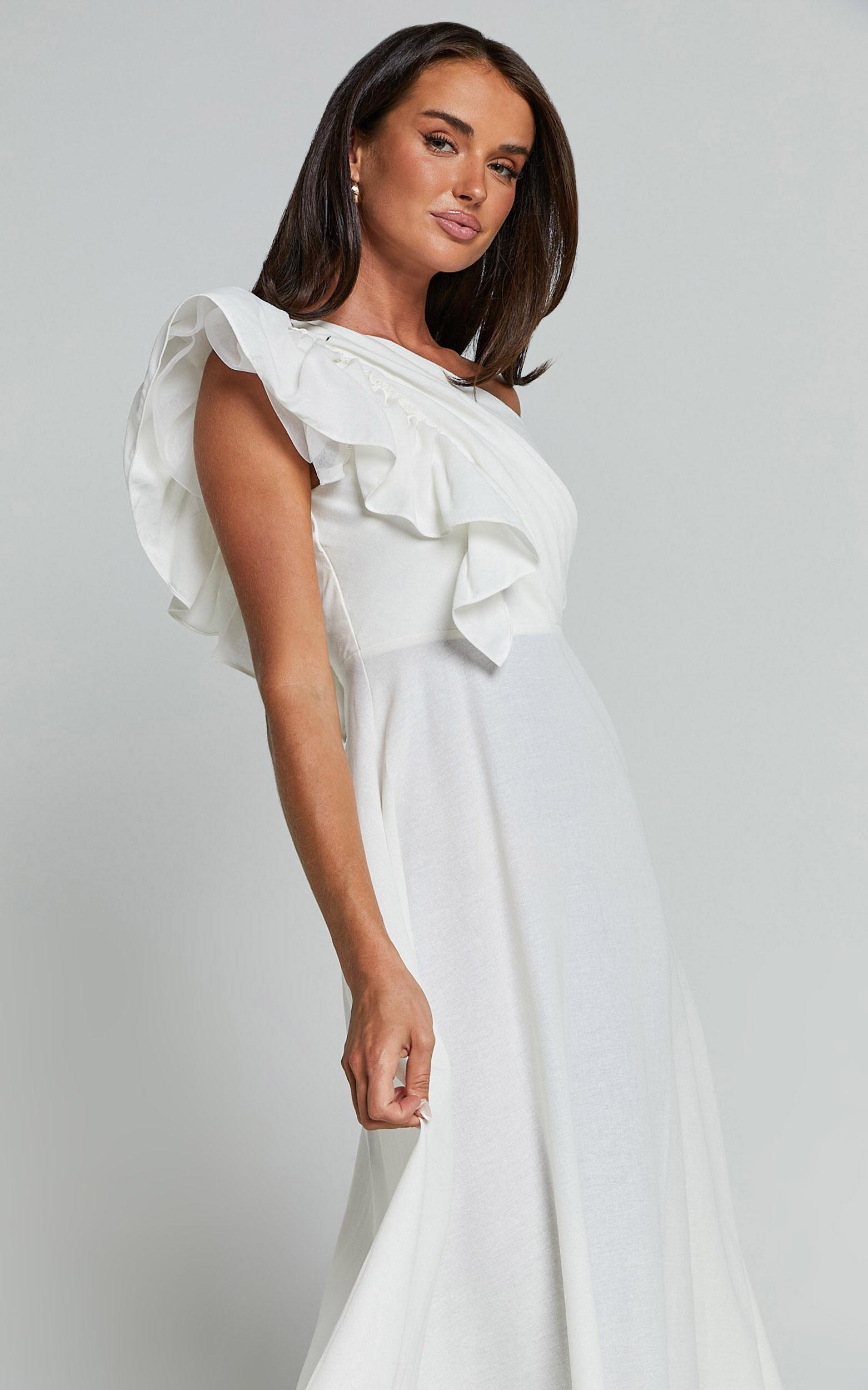 Dixie Midi Dress - Linen Look One Shoulder Ruffle Dress in White Product Image